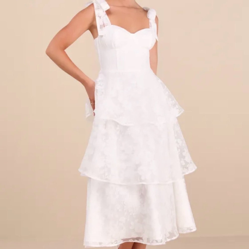 Lulu’s White Lace Tiered Midi Dress with Tie Straps